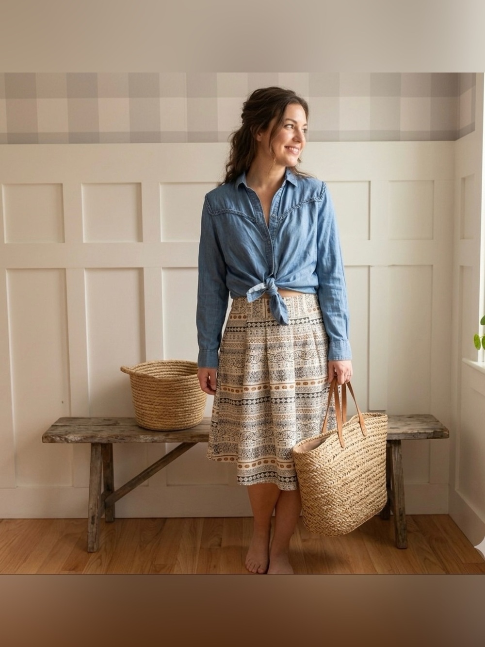 Italian‎ Patterned Circle Skirt in Cream with Navy and Brown Accents Size Small